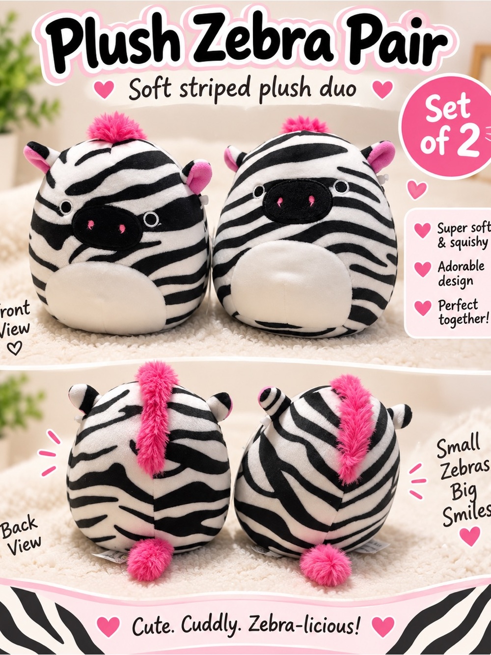 Squishmallows Zebra Plush Pair - Black, White & Pink Accents